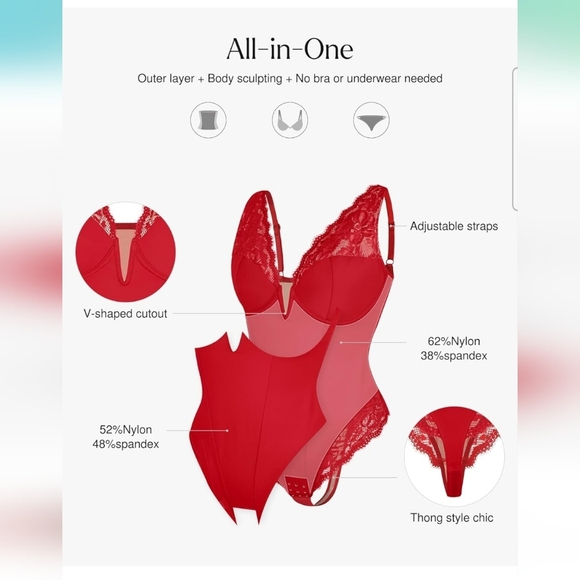 Popilush Red Lace V Neck Corset Shapewear Tummy Control Bodysuit Size 3XL - Picture 2 of 11